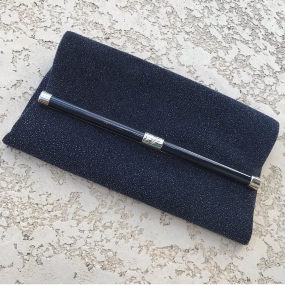 DIANE VON FURSTENBERG Black Envelope Foldover Clutch NEW Diamond Dust Leather